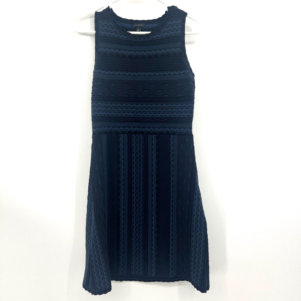 Ann Taylor Textured Knit Fit & Flare Dress Navy Blue Sleeveless Womens S